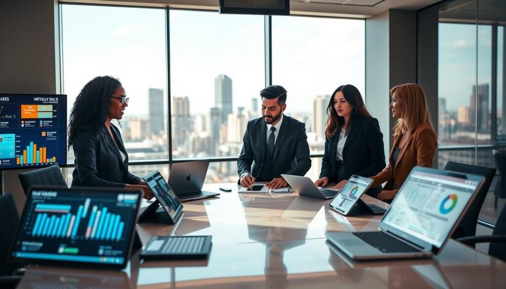 A modern office environment showcasing the theme of "automating sales sequences." In the foreground, a diverse group of three professionals (a Black woman, a Hispanic man, and a Caucasian woman) are engaged in a collaborative meeting. They are dressed in sharp business attire, surrounded by digital screens displaying engaging sales data and automated workflow diagrams. In the middle, a sleek conference table laden with high-tech devices like tablets and laptops illuminates the scene. The background features a large window revealing a panoramic view of a city skyline, with warm, natural light pouring in, creating an atmosphere of innovation and productivity. The overall mood is one of synergy, focus, and forward-thinking, captured from a slightly elevated angle to emphasize the scene's dynamic interaction.