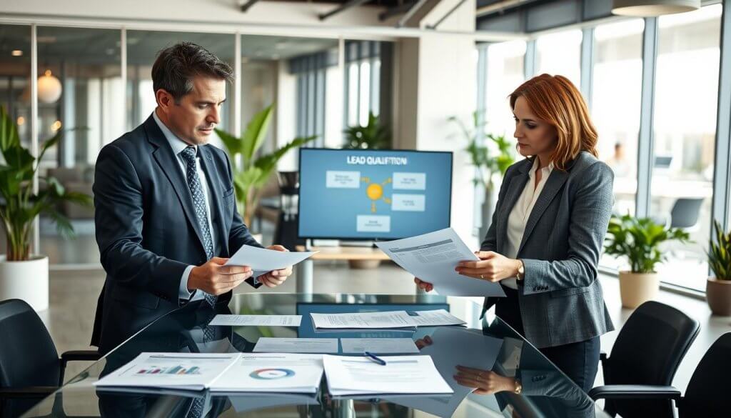 A modern office environment with a central glass table where two professionals are engaged in a serious discussion. In the foreground, a middle-aged man in a tailored navy suit and a middle-aged woman in a smart gray blazer are reviewing documents, highlighting key points about lead qualification. In the middle ground, a digital screen displays a flowchart depicting the qualification process, while a subtle coffee station hints at a professional, collaborative atmosphere. The background shows a sleek office space with plants and large windows allowing natural light to flood the area, creating an inviting and productive ambience. Capture the scene with soft lighting, focusing on the expressions of concentration and determination on the faces of the professionals, conveying the importance of qualification before handing off leads.