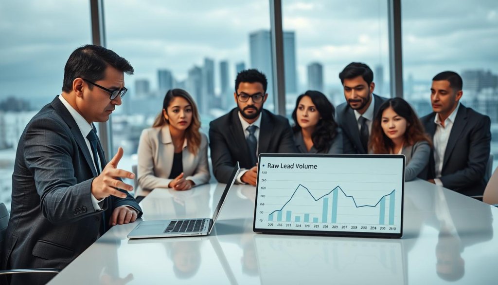 A modern office environment with a diverse group of business professionals gathered around a sleek conference table, engaged in a serious discussion. In the foreground, a frustrated professional in a tailored suit leans forward, gesturing emphatically towards a laptop displaying a graph with declining raw lead volume metrics. The middle ground features colleagues of various ethnic backgrounds, dressed in smart business casual attire, furrowing their brows as they listen attentively, symbolizing the struggle to achieve results. In the background, a large window reveals a city skyline under overcast skies, casting a dim light that enhances the somber mood of the scene. The atmosphere is tense and reflective, conveying the urgency of moving beyond outdated lead generation methods. The composition focuses on collaboration and insight within a corporate setting, emphasizing the challenge faced by modern B2B teams. A modern office environment with a diverse group of business professionals gathered around a sleek conference table, engaged in a serious discussion. In the foreground, a frustrated professional in a tailored suit leans forward, gesturing emphatically towards a laptop displaying a graph with declining raw lead volume metrics. The middle ground features colleagues of various ethnic backgrounds, dressed in smart business casual attire, furrowing their brows as they listen attentively, symbolizing the struggle to achieve results. In the background, a large window reveals a city skyline under overcast skies, casting a dim light that enhances the somber mood of the scene. The atmosphere is tense and reflective, conveying the urgency of moving beyond outdated lead generation methods. The composition focuses on collaboration and insight within a corporate setting, emphasizing the challenge faced by modern B2B teams.