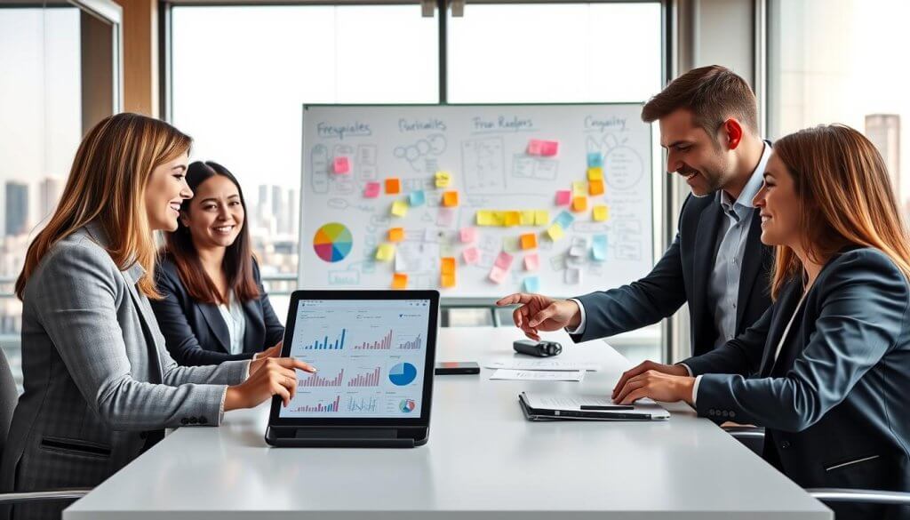 A modern office environment with a diverse group of three professionals, two women and one man, engaged in a collaborative discussion at a sleek conference table. In the foreground, the professionals are dressed in smart business attire, pointing at a digital tablet displaying procurement analytics and charts. The middle ground features a large whiteboard filled with colorful sticky notes and strategic diagrams, symbolizing brainstorming ideas to resonate with procurement leaders. The background showcases a window with a city skyline, allowing natural light to flood the room, creating an inspiring and productive atmosphere. The setting feels dynamic and professional, evoking a sense of innovation and teamwork in the procurement sector, with a focus on creating impactful messaging.