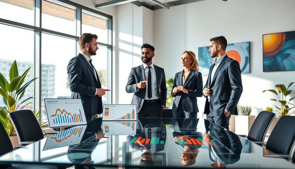 A modern office environment with a sleek glass conference room in the foreground, showcasing a stylish table with advanced digital devices displaying colorful graphs and charts related to appointment metrics. In the middle ground, a diverse group of three professionals in smart business attire, two men and one woman, are engaged in a discussion, pointing at the charts with expressions of focus and collaboration. The background features large windows allowing natural light to flood in, creating a bright and inviting atmosphere. Soft shadows add depth, while colorful accents from plants and art on the wall enhance a sense of innovation and growth. The scene conveys a mood of determination and professionalism, ideal for illustrating essential sales metrics.