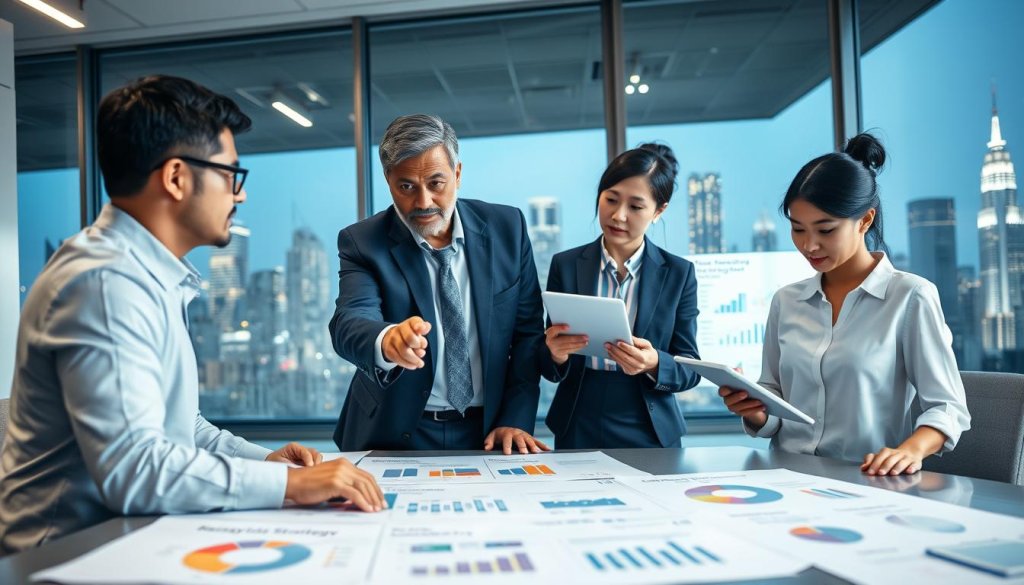 A modern office meeting room featuring a diverse group of three professionals engaged in discussion over a large table filled with charts and graphs related to messaging strategies and buyer segmentation. In the foreground, a middle-aged South Asian man in a tailored suit is pointing towards a digital presentation on a screen, while a young woman of East Asian descent in a smart blouse takes notes on a tablet. In the background, an illuminated city skyline can be seen through a large window, adding depth and context. The lighting is bright and professional, with a slight glow from the screen casting reflections on their focused faces. The atmosphere is intense yet collaborative, capturing the essence of strategic planning and analysis before scaling business efforts. A modern office meeting room featuring a diverse group of three professionals engaged in discussion over a large table filled with charts and graphs related to messaging strategies and buyer segmentation. In the foreground, a middle-aged South Asian man in a tailored suit is pointing towards a digital presentation on a screen, while a young woman of East Asian descent in a smart blouse takes notes on a tablet. In the background, an illuminated city skyline can be seen through a large window, adding depth and context. The lighting is bright and professional, with a slight glow from the screen casting reflections on their focused faces. The atmosphere is intense yet collaborative, capturing the essence of strategic planning and analysis before scaling business efforts.