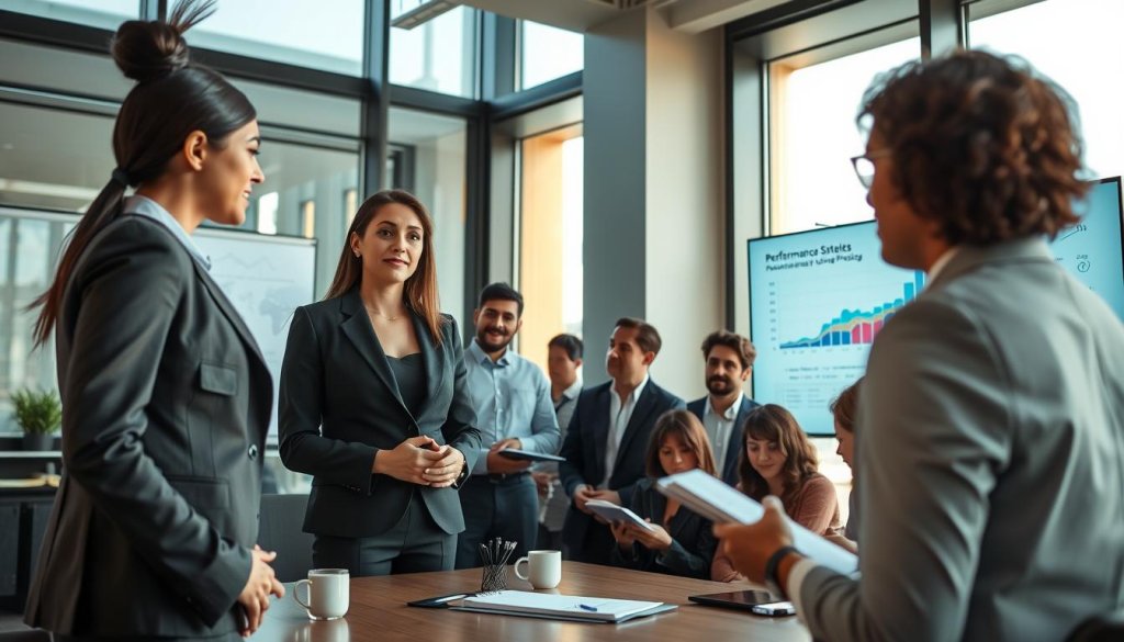 A modern office meeting room filled with diverse business professionals engaged in a dynamic discussion around a performance-linked pricing model. In the foreground, a confident woman in a tailored business suit presents data on a sleek digital screen, illustrating various growth metrics tied to pricing strategies. The middle ground features a diverse group of colleagues, both men and women, taking notes and collaborating, dressed in professional attire. The background boasts large windows allowing natural light to filter through, casting a warm glow over the room, with cityscape views beyond. The atmosphere is focused and energetic, showcasing teamwork and innovative thinking in a corporate setting. The angle is slightly above eye level to capture the entire scene effectively. A modern office meeting room filled with diverse business professionals engaged in a dynamic discussion around a performance-linked pricing model. In the foreground, a confident woman in a tailored business suit presents data on a sleek digital screen, illustrating various growth metrics tied to pricing strategies. The middle ground features a diverse group of colleagues, both men and women, taking notes and collaborating, dressed in professional attire. The background boasts large windows allowing natural light to filter through, casting a warm glow over the room, with cityscape views beyond. The atmosphere is focused and energetic, showcasing teamwork and innovative thinking in a corporate setting. The angle is slightly above eye level to capture the entire scene effectively.