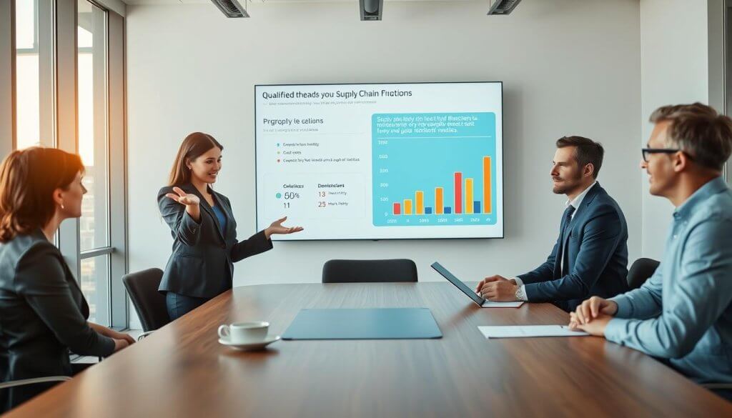 A modern office meeting room with a large conference table at the center, surrounded by four diverse professionals engaged in a dynamic sales conversation. In the foreground, a confident businesswoman in a tailored suit gestures towards a digital presentation displayed on a large screen, highlighting key metrics related to supply chain efficiencies. The middle ground features a focused businessman taking notes on a tablet, while another colleague, dressed in business casual, listens intently with a thoughtful expression. The background shows large windows letting in warm, natural light, creating a bright and inviting atmosphere. The overall mood is professional and collaborative, emphasizing the importance of qualified sales conversations in a supply chain context. The image should be shot with a wide-angle lens to capture the space and interaction effectively. A modern office meeting room with a large conference table at the center, surrounded by four diverse professionals engaged in a dynamic sales conversation. In the foreground, a confident businesswoman in a tailored suit gestures towards a digital presentation displayed on a large screen, highlighting key metrics related to supply chain efficiencies. The middle ground features a focused businessman taking notes on a tablet, while another colleague, dressed in business casual, listens intently with a thoughtful expression. The background shows large windows letting in warm, natural light, creating a bright and inviting atmosphere. The overall mood is professional and collaborative, emphasizing the importance of qualified sales conversations in a supply chain context. The image should be shot with a wide-angle lens to capture the space and interaction effectively.