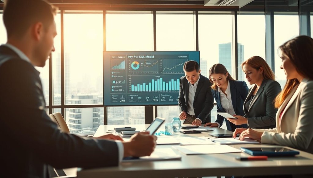 A modern office scene showcasing a diverse team of professionals collaborating on a lead generation strategy. In the foreground, a group of three individuals—two men in business suits and a woman in smart attire—are gathered around a table filled with charts and digital devices, examining data on SQL leads. The middle ground features a large digital screen displaying graphs and analytics, highlighting the Pay-Per-SQL model, casting a soft glow. The background includes glass windows revealing a city skyline, letting in natural light that creates a bright and focused atmosphere. The overall mood is dynamic and professional, emphasizing teamwork and innovation in B2B lead generation strategies. The image captures the essence of collaboration in a vibrant business environment.