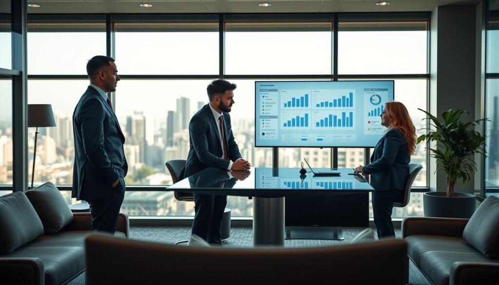 A modern office setting demonstrating the concept of moving beyond activity-based metrics in B2B lead generation. In the foreground, a diverse group of three business professionals, two men and one woman, are engaged in a thoughtful discussion around a sleek conference table. They are dressed in smart business attire, with charts and graphs displayed on a large digital screen behind them. In the middle ground, the room is outfitted with contemporary furniture and a large window allowing natural light to filter in, creating a warm atmosphere. The background features a city skyline visible through the window, symbolizing broader horizons and growth. The overall mood is focused, collaborative, and inspiring, highlighting the shift in conversation towards meaningful outcomes.