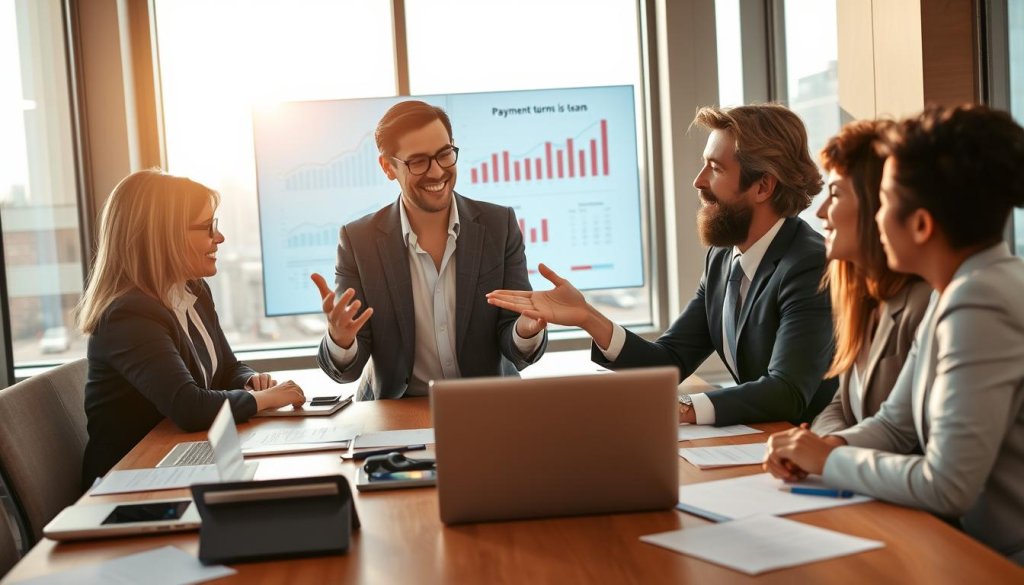A modern office setting featuring a diverse group of professionals engaged in a negotiation process over a large table with financial documents, laptops, and digital payment devices spread out. In the foreground, a confident businesswoman in a tailored suit gestures articulately, emphasizing key points, while a business man in professional attire listens attentively, taking notes. In the middle ground, a digital screen displays graphs and charts related to payment terms and financial data. The background includes large windows revealing a city skyline, bathed in warm, natural light that creates an optimistic and focused atmosphere. The image conveys professionalism and collaboration, suitable for a business context. No text or branding is present.