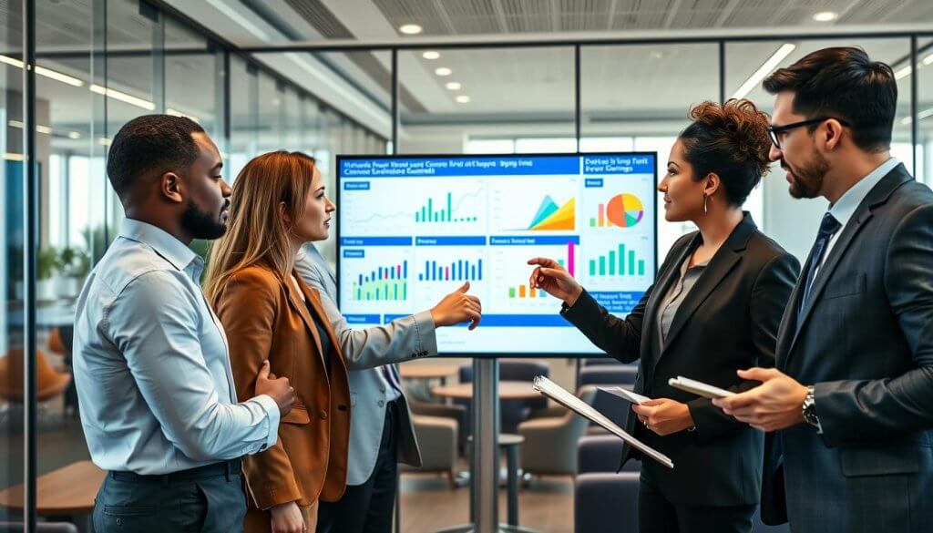 A modern office setting featuring a diverse team of professionals engaged in discussions around a large digital screen displaying charts and graphs related to buyer wedges and channels. The foreground shows a focused group of three individuals, one pointing at the screen while the others take notes, dressed in professional business attire. In the middle, the screen vividly illustrates various data points, colorful segments indicating different buyer channels, and visual markers for potential savings. The background features a contemporary office environment with glass walls, soft natural lighting streaming in, and stylish furniture, creating a dynamic and collaborative atmosphere. The overall mood is one of innovation and strategic planning, embodying the concept of optimizing procurement efforts before scaling up initiatives.