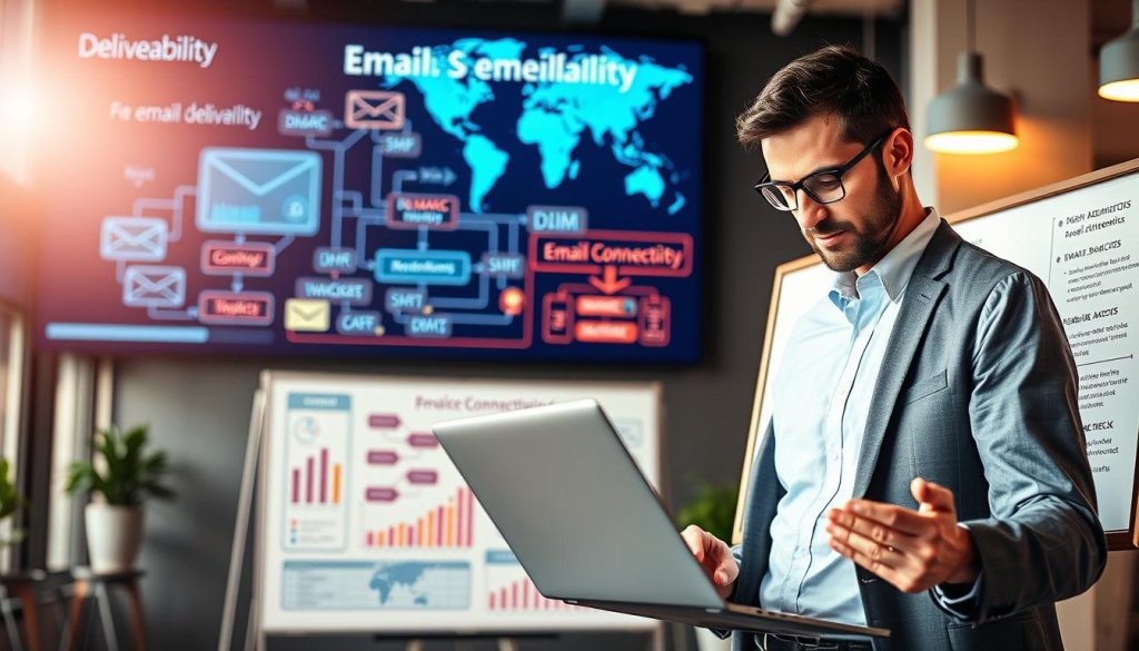 A modern office setting illustrating the concept of email deliverability. In the foreground, a professional business person in smart attire, analyzing email metrics on a sleek laptop. Their focused expression conveys determination and insight. In the middle ground, a large whiteboard filled with colorful graphs, flowcharts, and the technical architecture of a reliable email system, showcasing elements like DMARC, SPF, and DKIM protocols. The background features a digital display showing global email connectivity, with a world map highlighting different countries. Bright, warm lighting floods the room, creating an uplifting and productive atmosphere, captured with a slight depth of field to emphasize the foreground elements, while maintaining clarity in the middle and background details.
