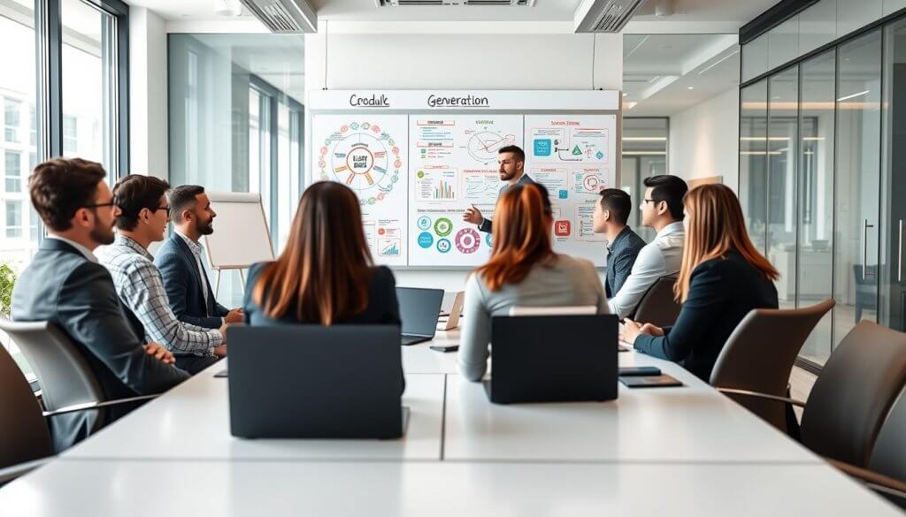 A modern office setting in the foreground featuring a diverse group of professional individuals engaged in a brainstorming session. They are seated around a sleek conference table with laptops and digital devices, all dressed in smart business attire. In the middle ground, a large whiteboard presents intricate lead generation strategies with colorful diagrams and graphics. The background showcases a bright and airy office with large windows letting in natural light, reflecting a contemporary corporate environment. The atmosphere is focused yet collaborative, emphasizing the importance of personalized lead generation over generic lists. The image is captured with a shallow depth of field to highlight the participants and their active discussion, creating a professional and dynamic mood.