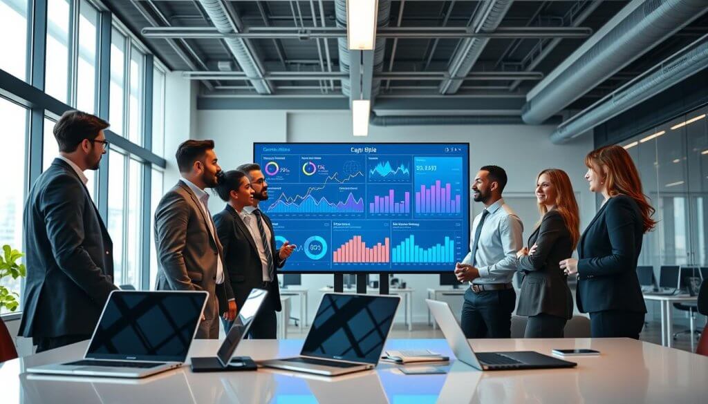 A modern office setting showcasing a digital scaling pipeline. In the foreground, a diverse group of professionals in business attire, including men and women of various ethnicities, are engaged in a collaborative discussion over a large digital touchscreen displaying vibrant graphs and data visuals. The middle ground features sleek desks with laptops and monitors illustrating data flow and analytics. The background captures a bright, open office space with large windows, allowing natural light to illuminate the area. Use a wide-angle lens to create a dynamic perspective. The atmosphere should be energetic yet focused, emphasizing innovation and teamwork, perfect for illustrating efficiency in lead generation processes.