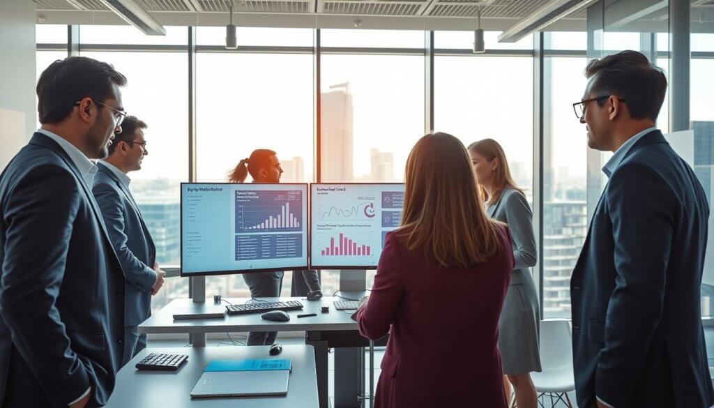 A modern office setting, showcasing a high-tech workspace dedicated to automated lead qualification in procurement. In the foreground, a diverse group of professionals in business attire, intensely focused on digital screens displaying data analytics and qualified lead metrics. The middle ground features a sleek workstation with advanced AI-driven software highlighting buyer patterns and savings opportunities, complemented by virtual graphs and charts. In the background, a large window opens to a cityscape, with natural light pouring in, creating a bright, optimistic atmosphere. The overall mood conveys efficiency and innovation, emphasizing productivity and collaboration in a contemporary environment. Use soft, natural lighting and a wide-angle perspective to capture the dynamism of the scene.