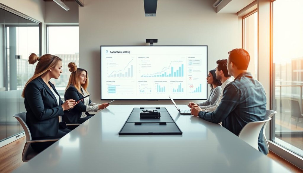 A modern office setting with a diverse group of professional individuals engaged in an appointment-setting meeting around a sleek conference table. In the foreground, a woman in smart business attire is taking notes on a digital tablet while a man beside her gestures towards a graph displayed on a large screen. The middle ground features a whiteboard filled with strategic plans and lead generation metrics. In the background, large windows allow soft, natural light to flood the room, casting a warm glow on the polished wooden floors. The scene conveys a collaborative and focused atmosphere, emphasizing proactive solutions to challenges in outsourced lead generation, with an emphasis on professionalism and teamwork.