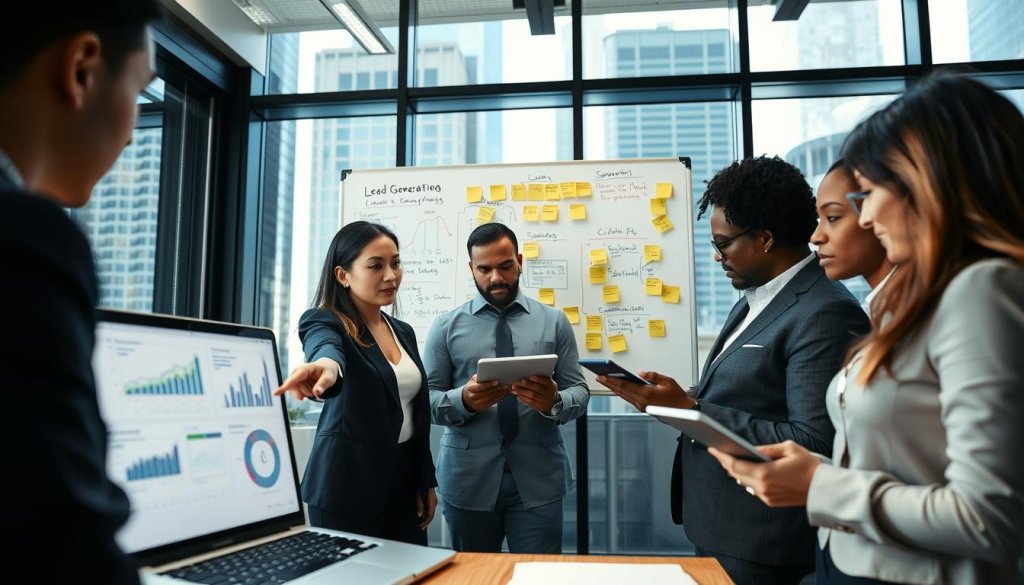 A modern office setting with a diverse group of professionals analyzing sales data on digital devices. In the foreground, a focused woman in a smart business outfit points at a laptop screen displaying graphs and metrics, while a man beside her takes notes on a tablet. In the middle, a large whiteboard filled with strategy charts and post-it notes about lead generation workflows. The background features large windows with city views, allowing natural light to illuminate the room, creating an energetic atmosphere. Soft lighting enhances the professionalism, capturing the essence of collaboration and progress in refining sales strategies. The angle is slightly elevated, giving a broad perspective of the teamwork and ongoing discussions, without any distracting elements.