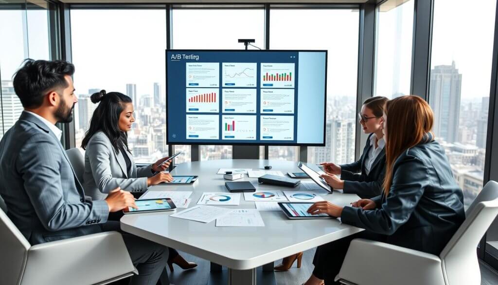 A modern office setting with a diverse group of professionals engaged in a brainstorming session about email testing strategies. In the foreground, a mixed-gender team of four individuals, dressed in smart business attire, sits around a sleek conference table, studying various analytical graphs and charts on tablets. In the middle ground, a large presentation screen displays different email templates with colorful A/B testing results and conversion metrics, capturing their attention. In the background, large windows offer a view of a bustling cityscape, enhancing the atmosphere of innovation and collaboration. Soft, natural lighting floods the room, creating a productive and focused mood, while a wide-angle lens captures the entire scene to emphasize teamwork and strategic planning.