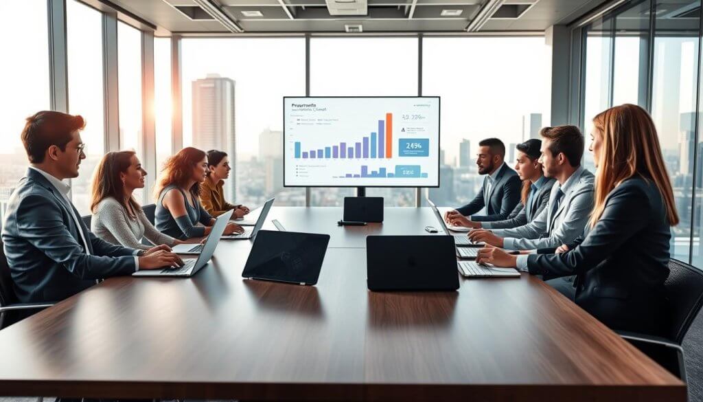 A modern office setting with a large conference table in the foreground, surrounded by diverse professionals in business attire examining procurement channel reports. The middle ground features sleek laptops, digital tablets, and key performance graphs displayed on a screen. In the background, large windows reveal a cityscape bathed in soft, natural light, creating an optimistic and collaborative atmosphere. The scene captures the intensity of focused discussions, with subtle light reflections hinting at advanced technology. The angle of the shot slightly emphasizes the table, inviting the viewer into this strategic dialogue about maximizing lead quality through effective testing channels. The overall mood is dynamic yet professional, embodying innovation and teamwork.