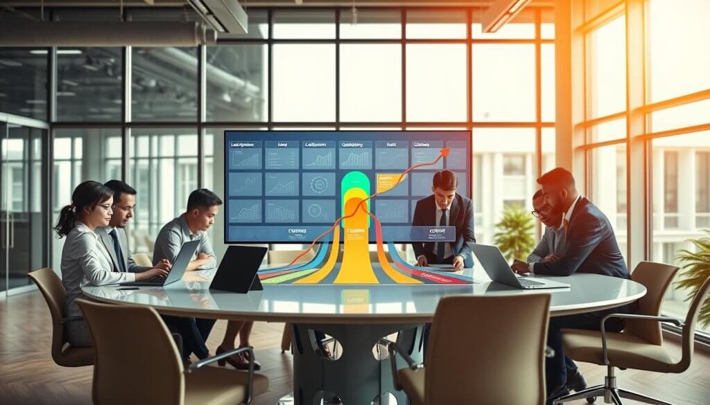 A modern office space illustrating sales pipeline management for supply chain software. In the foreground, a diverse team of professionals in smart business attire collaborates around a sleek, circular table, analyzing digital graphs and flowcharts displayed on laptops and touchscreens. In the middle ground, a visually striking digital representation of a sales pipeline flows upward, with colorful segments illustrating various stages such as "Lead Generation," "Qualification," and "Closing" against a backdrop of panels showing logistical data. The background features large windows with natural light pouring in, creating an inspiring and productive atmosphere. The composition captures a sense of focus and teamwork, with warm colors enhancing a professional yet approachable mood. The image is shot with a wide-angle lens to include dynamic angles and depth.