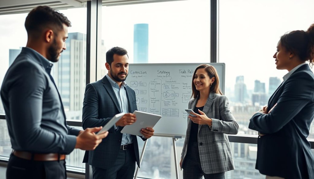 A modern office space with a large glass window showing a city skyline in the background. In the foreground, a diverse group of three professionals—two men and one woman—discussing strategies while examining data on a tablet. They are dressed in smart business attire, conveying a sense of professionalism and collaboration. The middle ground features a whiteboard filled with diagrams and notes outlining lead generation strategies. Soft, natural light pours in from the window, creating a bright and inviting atmosphere. The camera angle is slightly above eye level, capturing an engaging and action-oriented moment. The overall mood is focused and productive, emphasizing teamwork and innovative solutions in a B2B context.