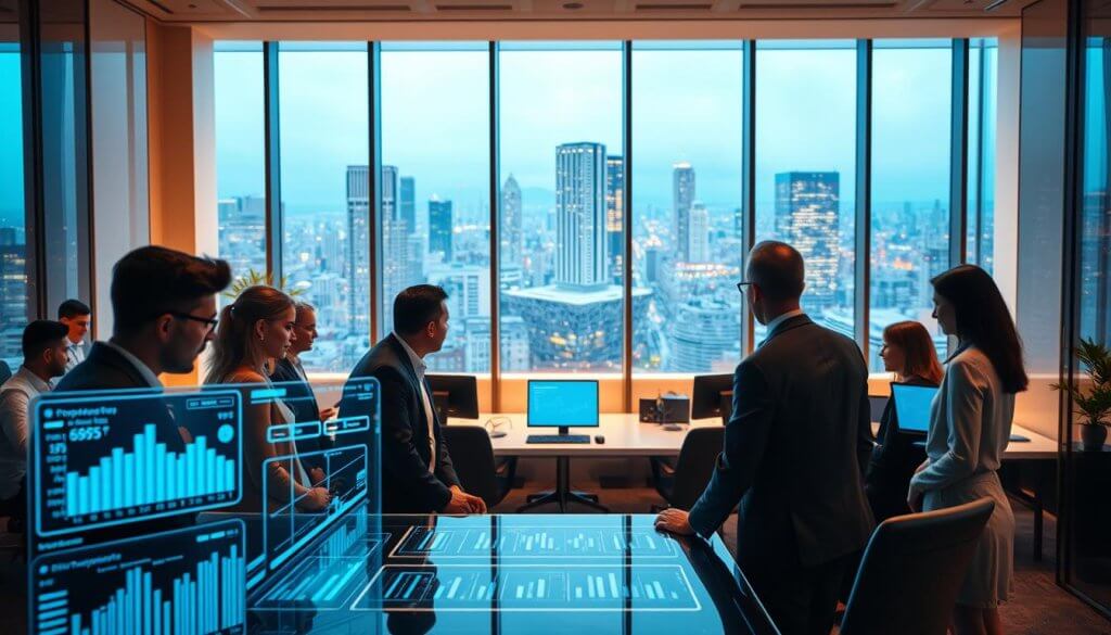 A modern office space with a sleek, digital feel, showcasing AI agents at work. In the foreground, a diverse team of professionals in business attire collaborates over holographic screens displaying data analytics and prospecting insights. The middle ground features a high-tech workstation with charts and graphs, illuminated by soft, ambient lighting that emphasizes a futuristic atmosphere. The background reveals large windows overlooking a bustling cityscape, suggesting innovation and progress. The scene captures a sense of urgency and ambition, with warm hues blending into cool blues, creating a motivating environment where AI technology seamlessly integrates with human effort. The perspective is slightly tilted for a dynamic view, inviting the viewer into this engaging workspace. A modern office space with a sleek, digital feel, showcasing AI agents at work. In the foreground, a diverse team of professionals in business attire collaborates over holographic screens displaying data analytics and prospecting insights. The middle ground features a high-tech workstation with charts and graphs, illuminated by soft, ambient lighting that emphasizes a futuristic atmosphere. The background reveals large windows overlooking a bustling cityscape, suggesting innovation and progress. The scene captures a sense of urgency and ambition, with warm hues blending into cool blues, creating a motivating environment where AI technology seamlessly integrates with human effort. The perspective is slightly tilted for a dynamic view, inviting the viewer into this engaging workspace.