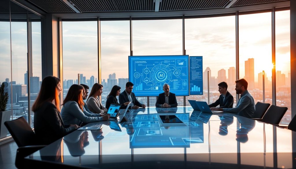 A modern office workspace showcasing task orchestration in AI logistics. In the foreground, a diverse team of professionals in business attire collaborates around a sleek, high-tech conference table, reviewing digital screens with operational data and AI analytics. In the middle, a large digital display illustrates interconnected workflows and process diagrams, emanating a soft blue glow, symbolizing efficiency and innovation. The background features large windows with a view of a bustling cityscape at sunset, casting warm light into the room, creating a dynamic, energetic atmosphere. The overall mood is focused, optimistic, and forward-thinking, emphasizing collaboration and technology in solving logistical challenges. The scene is captured from a slightly elevated angle to highlight team dynamics and high-tech elements.