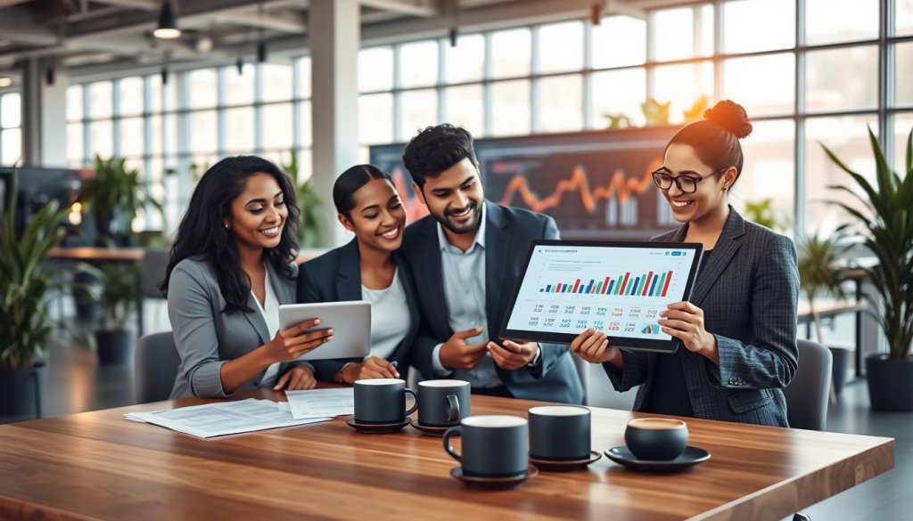 A modern, professional office environment with a focus on lead generation services. In the foreground, a diverse team of three business professionals—one Black woman, one South Asian man, and one Hispanic woman—are collaborating over a digital tablet displaying data analytics. The middle ground features a large screen showcasing vibrant graphs representing successful lead generation statistics, with soft-focus paperwork and coffee mugs on an elegant wooden table. The background reveals an open workspace filled with plants and windows that let in warm natural light, creating an inviting atmosphere. Capture the scene from a slightly elevated angle to emphasize teamwork and innovation, ensuring the mood is energetic and forward-thinking, suitable for a business context. A modern, professional office environment with a focus on lead generation services. In the foreground, a diverse team of three business professionals—one Black woman, one South Asian man, and one Hispanic woman—are collaborating over a digital tablet displaying data analytics. The middle ground features a large screen showcasing vibrant graphs representing successful lead generation statistics, with soft-focus paperwork and coffee mugs on an elegant wooden table. The background reveals an open workspace filled with plants and windows that let in warm natural light, creating an inviting atmosphere. Capture the scene from a slightly elevated angle to emphasize teamwork and innovation, ensuring the mood is energetic and forward-thinking, suitable for a business context.