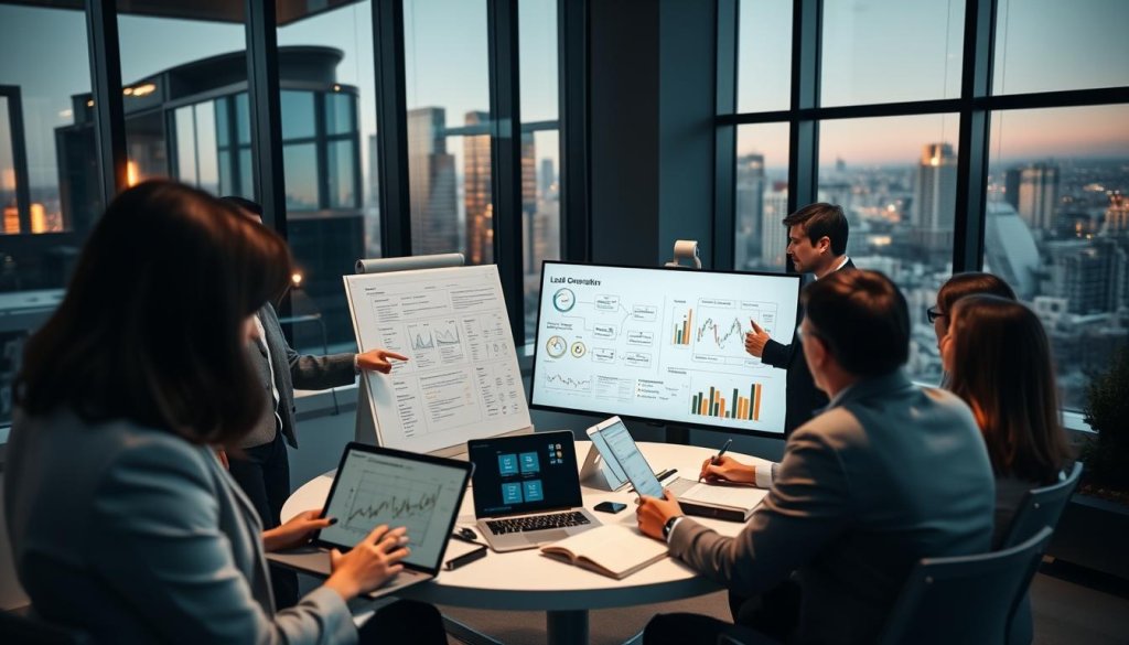 A modern, professional office setting showcasing a diverse group of individuals collaborating on a lead generation strategy. In the foreground, a middle-aged woman in business attire, analyzing data on her laptop, while a young man in a suit gestures towards a whiteboard filled with structured flowcharts and frameworks. In the middle, a round table with a diverse group of professionals discussing ideas, surrounded by charts and graphs on screens. In the background, large windows revealing a cityscape bathed in warm, natural light, suggesting a dynamic, successful environment. The atmosphere is focused and energetic, emphasizing collaboration and structured systems, captured with a shallow depth of field to highlight the interaction while softening the background. A modern, professional office setting showcasing a diverse group of individuals collaborating on a lead generation strategy. In the foreground, a middle-aged woman in business attire, analyzing data on her laptop, while a young man in a suit gestures towards a whiteboard filled with structured flowcharts and frameworks. In the middle, a round table with a diverse group of professionals discussing ideas, surrounded by charts and graphs on screens. In the background, large windows revealing a cityscape bathed in warm, natural light, suggesting a dynamic, successful environment. The atmosphere is focused and energetic, emphasizing collaboration and structured systems, captured with a shallow depth of field to highlight the interaction while softening the background.