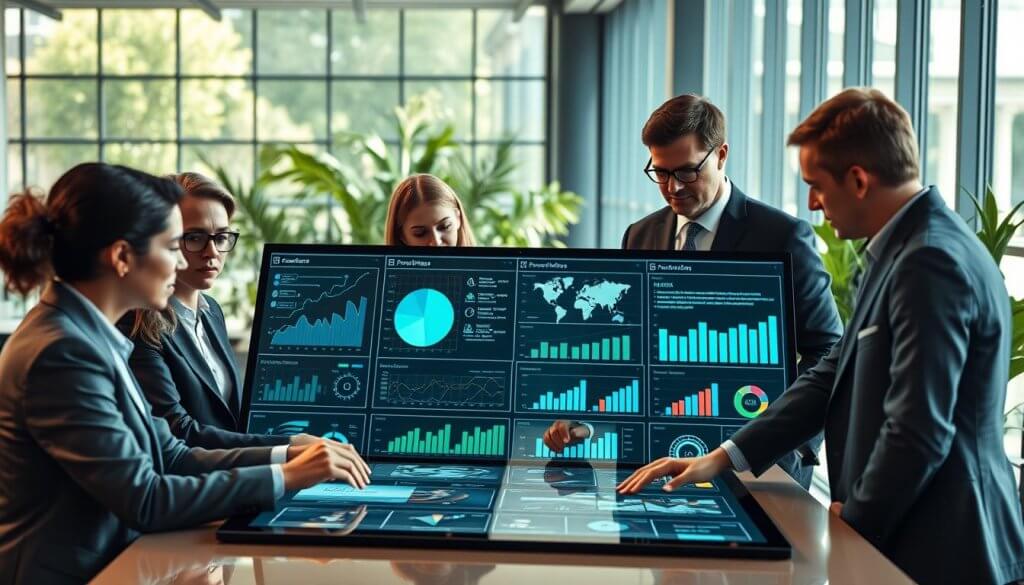 A modern, sleek digital workspace showcasing a procurement automation platform in action. In the foreground, a diverse group of professionals in business attire collaborate around a large, high-tech touchscreen display, analyzing procurement metrics and automated workflows. In the middle ground, various graphs and charts float dynamically, illustrating successful procurement strategies and efficiency. The background features an open-plan office with glass walls and vibrant greenery, emphasizing a tech-driven environment. Soft, natural lighting streams in through large windows, creating a warm yet professional atmosphere. The overall mood conveys innovation and collaboration, capturing the essence of advanced AI-driven procurement solutions in high-ACV markets. The perspective is slightly elevated, providing a comprehensive view of the interactive workspace.