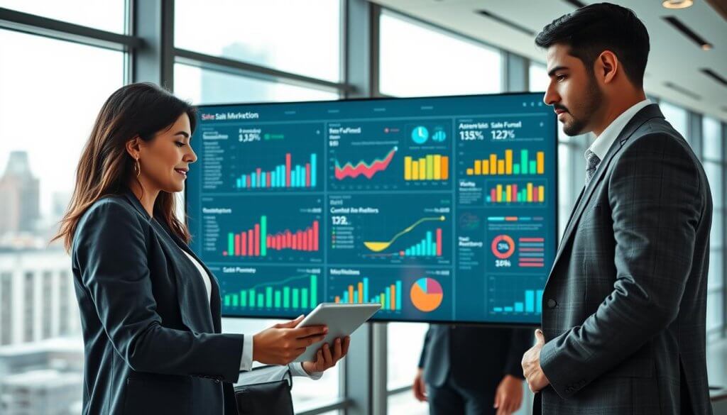 A modern, sleek office environment featuring a diverse team of professionals in business attire collaborating around a large, interactive digital marketing dashboard. In the foreground, a Caucasian woman and an Hispanic man are analyzing data on a tablet, highlighted by soft, focused lighting that emphasizes their expressions of engagement and insight. The middle layer showcases a large screen displaying graphs, sales funnels, and automated marketing workflows, surrounded by colorful charts and analytics, symbolizing the integration of marketing automation within the sales process. The background contains large windows with a city skyline view, adding depth and a sense of dynamism to the atmosphere. The overall mood is one of innovation, collaboration, and forward-thinking strategy in the realm of sales and marketing integration.