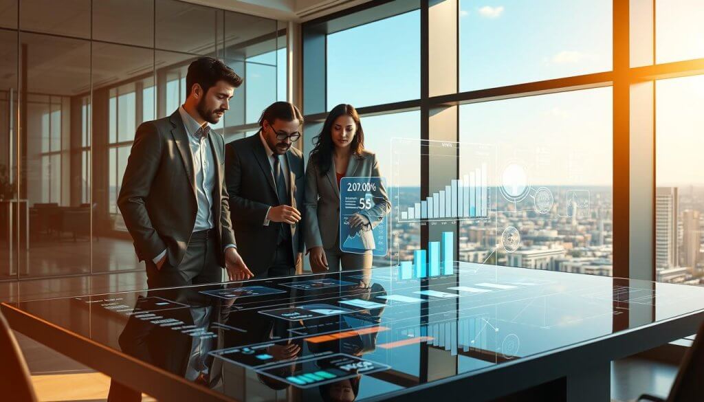 A modern, sleek office environment showcases AI agents assisting in the sales workflow. In the foreground, a diverse team of three professionals in smart business attire collaborates around a high-tech touchscreen table displaying interactive sales metrics. The middle layer features holographic AI avatars demonstrating data-driven insights, seamlessly blending technology and human interaction. The background highlights a large window offering a panoramic view of a city skyline, bathed in natural sunlight, creating a vibrant and inspiring atmosphere. The lighting is warm and inviting, emphasizing productivity and innovation. The angle captures the dynamic interaction between the team and the AI, conveying a sense of collaboration and forward-thinking in the realm of sales.