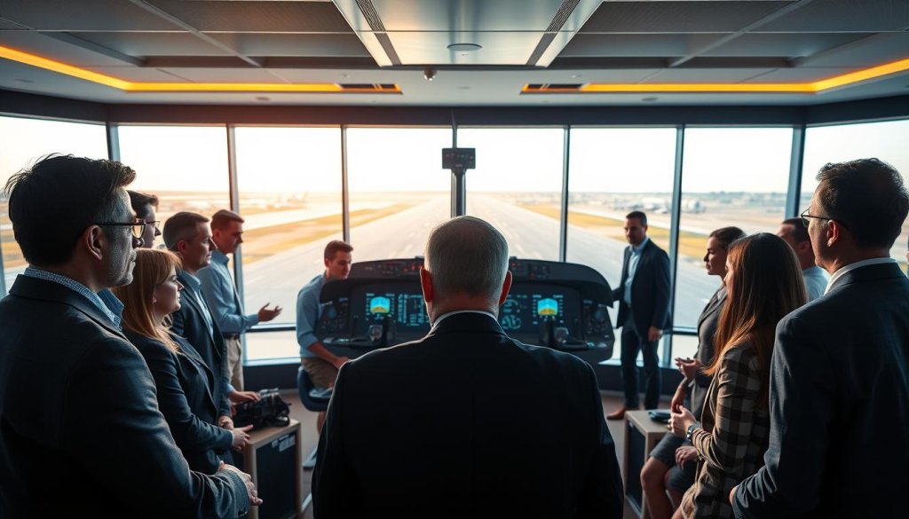 A modern training room filled with professionals engaged in pilot training. In the foreground, a diverse group of business people, dressed in professional business attire, gather around a large digital screen displaying charts and strategies for outbound marketing. In the middle, a flight simulator console is prominently featured, showcasing realistic controls and instruments, symbolizing the hands-on aspect of training. The background reveals a panoramic window with a view of an airport runway, bathed in warm, natural light that creates an inviting atmosphere. The mood is focused and collaborative, emphasizing the importance of preparation and strategy in validating growth channels. The scene is captured from a slightly elevated angle, drawing attention to both the participants and the technology around them. A modern training room filled with professionals engaged in pilot training. In the foreground, a diverse group of business people, dressed in professional business attire, gather around a large digital screen displaying charts and strategies for outbound marketing. In the middle, a flight simulator console is prominently featured, showcasing realistic controls and instruments, symbolizing the hands-on aspect of training. The background reveals a panoramic window with a view of an airport runway, bathed in warm, natural light that creates an inviting atmosphere. The mood is focused and collaborative, emphasizing the importance of preparation and strategy in validating growth channels. The scene is captured from a slightly elevated angle, drawing attention to both the participants and the technology around them.