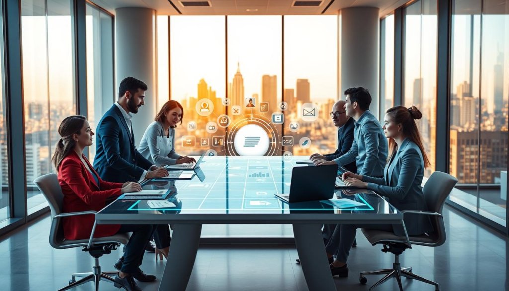 A modern, vibrant office setting illustrating omnichannel lead generation strategies. In the foreground, a diverse group of professionals, wearing smart business attire, collaboratively discussing strategies around a sleek conference table filled with digital devices, charts, and notes. The middle ground features a large interactive touch screen displaying various digital engagement channels like social media icons, email, and video calls, symbolizing interconnectedness. In the background, large windows showcase a city skyline, bathed in warm, natural light for an inviting atmosphere. The scene is framed with soft depth of field to emphasize the team's engagement while conveying a sense of focus and innovation in orchestrating effective engagement strategies. A modern, vibrant office setting illustrating omnichannel lead generation strategies. In the foreground, a diverse group of professionals, wearing smart business attire, collaboratively discussing strategies around a sleek conference table filled with digital devices, charts, and notes. The middle ground features a large interactive touch screen displaying various digital engagement channels like social media icons, email, and video calls, symbolizing interconnectedness. In the background, large windows showcase a city skyline, bathed in warm, natural light for an inviting atmosphere. The scene is framed with soft depth of field to emphasize the team's engagement while conveying a sense of focus and innovation in orchestrating effective engagement strategies.