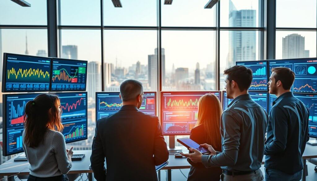 A modern, vibrant office space filled with professionals engaged in discussions. In the foreground, a diverse team of four individuals in business attire are analyzing colorful digital dashboards displaying real-time data and market trends on multiple screens. They appear focused and collaborative, reflecting a culture of innovation. In the middle, large screens show dynamic graphs and charts, with visualizations of supply chain metrics and AI algorithms flowing seamlessly. The background reveals a cityscape through large glass windows, indicative of a bustling urban environment. The lighting is bright and energetic, with a warm afternoon glow casting shadows across the room. The atmosphere is one of urgency and excitement, capturing the essence of moving beyond static data to achieve live market intelligence. A modern, vibrant office space filled with professionals engaged in discussions. In the foreground, a diverse team of four individuals in business attire are analyzing colorful digital dashboards displaying real-time data and market trends on multiple screens. They appear focused and collaborative, reflecting a culture of innovation. In the middle, large screens show dynamic graphs and charts, with visualizations of supply chain metrics and AI algorithms flowing seamlessly. The background reveals a cityscape through large glass windows, indicative of a bustling urban environment. The lighting is bright and energetic, with a warm afternoon glow casting shadows across the room. The atmosphere is one of urgency and excitement, capturing the essence of moving beyond static data to achieve live market intelligence.