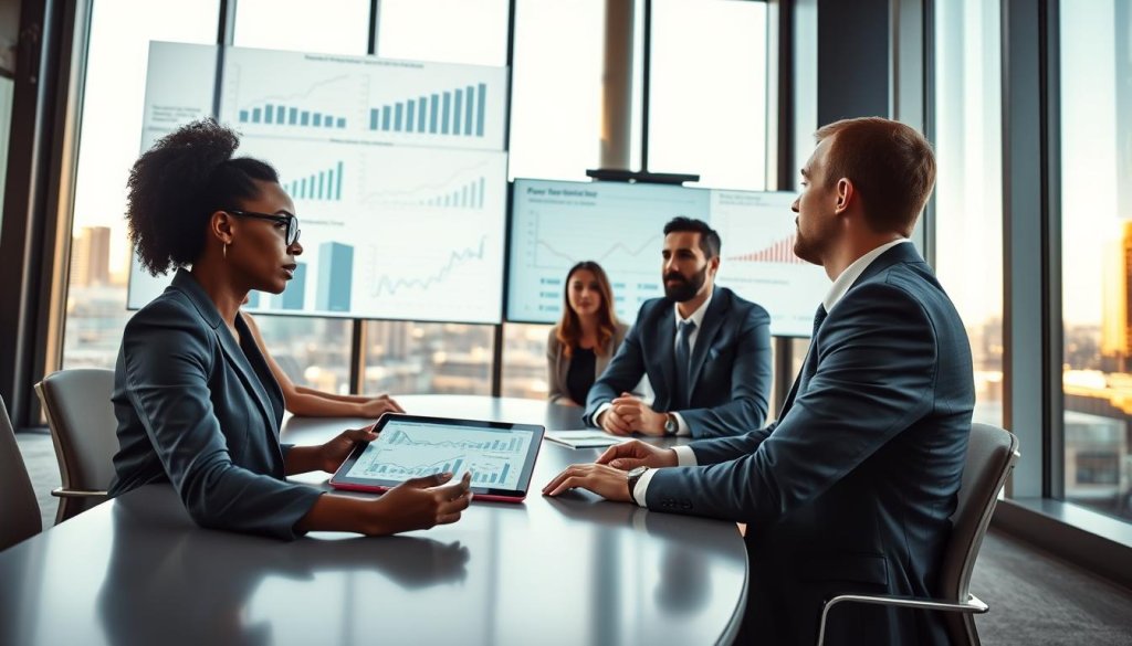 A modern, well-lit conference room bustling with professionals engaged in a collaborative discussion about performance-linked pricing and revenue sharing. In the foreground, a diverse group of four business individuals in professional attire—a Black woman with glasses, a Hispanic man, an Asian woman, and a Caucasian man—are seated around a sleek, oval table, analyzing charts on a digital tablet. The middle ground features projections of financial graphs on a large screen, visually highlighting key performance indicators and revenue projections. In the background, tall windows reveal a city skyline bathed in warm daylight, enhancing the atmosphere of productivity and innovation. The angle is slightly elevated, capturing the dynamic interaction between participants and the technology in the room, conveying a sense of focus and collaboration.