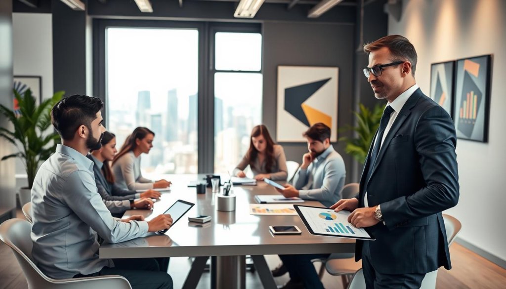 A professional business consultant stands confidently in the foreground, dressed in smart business attire, engaged in thoughtful discussion with a diverse group of individuals around a modern conference table. They are examining various charts and graphs displayed on digital tablets, symbolizing the process of identifying the right business fit. In the middle ground, a large window offers a view of a bustling city skyline, indicating growth and opportunity, with soft natural light flooding the room. The background features a sleek and contemporary office space with motivational art and plants that enhance the atmosphere of innovation and collaboration. The overall mood is one of focus and determination, promoting a sense of strategic alignment and teamwork in a professional setting. A professional business consultant stands confidently in the foreground, dressed in smart business attire, engaged in thoughtful discussion with a diverse group of individuals around a modern conference table. They are examining various charts and graphs displayed on digital tablets, symbolizing the process of identifying the right business fit. In the middle ground, a large window offers a view of a bustling city skyline, indicating growth and opportunity, with soft natural light flooding the room. The background features a sleek and contemporary office space with motivational art and plants that enhance the atmosphere of innovation and collaboration. The overall mood is one of focus and determination, promoting a sense of strategic alignment and teamwork in a professional setting.