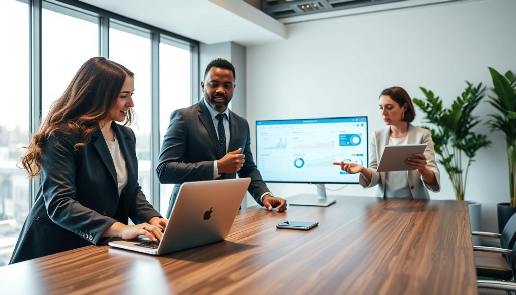 A professional business environment featuring a diverse group of three individuals collaborating around a modern conference table. In the foreground, a woman in a smart blazer demonstrates a digital lead generation dashboard on a laptop. The middle ground showcases a man, dressed in business attire, taking notes on a notepad, while another person gestures thoughtfully, holding a tablet displaying analytics. The background reveals a sleek office with large windows, allowing soft, natural light to illuminate the space, enhancing the team’s focused atmosphere. Minimalistic decor and greenery in the corners add a touch of freshness, emphasizing a productive and innovative mood. The angle is slightly above eye level, capturing both the collaborative spirit and the technology vital for effective lead generation integration. A professional business environment featuring a diverse group of three individuals collaborating around a modern conference table. In the foreground, a woman in a smart blazer demonstrates a digital lead generation dashboard on a laptop. The middle ground showcases a man, dressed in business attire, taking notes on a notepad, while another person gestures thoughtfully, holding a tablet displaying analytics. The background reveals a sleek office with large windows, allowing soft, natural light to illuminate the space, enhancing the team’s focused atmosphere. Minimalistic decor and greenery in the corners add a touch of freshness, emphasizing a productive and innovative mood. The angle is slightly above eye level, capturing both the collaborative spirit and the technology vital for effective lead generation integration.