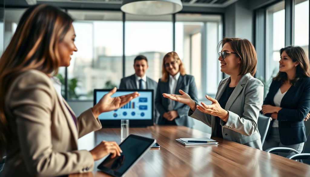 A professional business environment showcasing a diverse group of decision makers engaged in a dynamic discussion around a conference table. In the foreground, a confident woman in a smart blazer articulates ideas, gesturing towards a digital presentation on a sleek screen. The middle ground captures attentive colleagues, including a man in a tailored suit and a woman in business casual attire, exchanging thoughtful expressions. The background displays a modern office space with large windows, allowing natural light to flood the scene, creating an atmosphere of collaboration and focus. The camera angle is slightly elevated, highlighting both the individuals and the technology they are utilizing, enhancing the sense of engagement and innovation. The mood is inspiring and motivating, perfect for visualizing impactful messaging strategies.