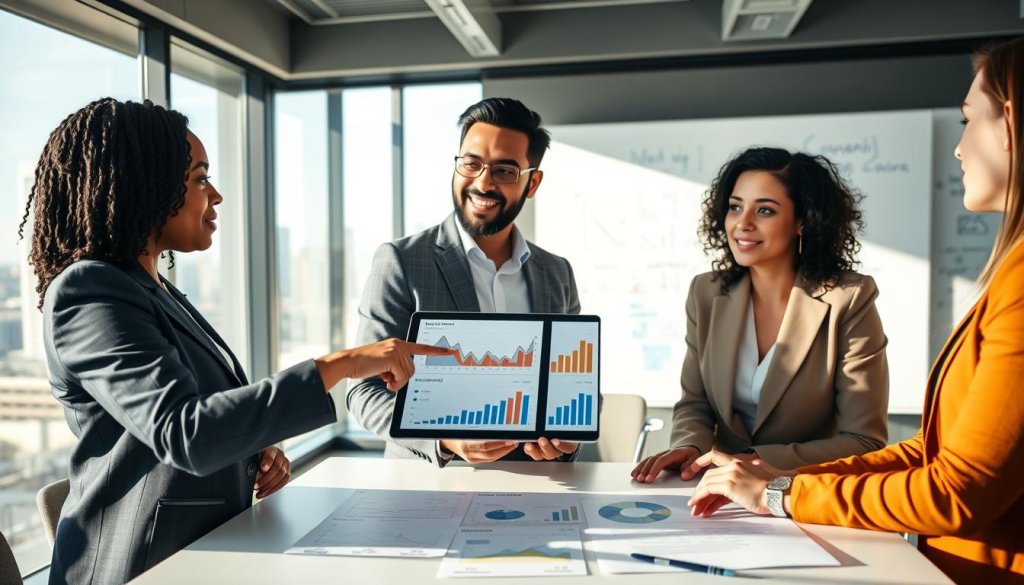 A professional business meeting in a modern office environment, depicting a diverse group of three businesspeople: a Black woman, an Asian man, and a Caucasian woman. They are engaged in a discussion, surrounded by charts and graphs that illustrate metrics related to lead generation. In the foreground, the woman is pointing at a digital tablet displaying data, exuding confidence and focus. The middle ground shows a large glass window with a cityscape view, under soft, natural lighting from the afternoon sun that casts gentle shadows. The background features a whiteboard with strategically scribbled notes. The overall atmosphere is one of collaboration, optimism, and strategic planning, reflecting the notion of managing expectations during the ramp-up phase. A professional business meeting in a modern office environment, depicting a diverse group of three businesspeople: a Black woman, an Asian man, and a Caucasian woman. They are engaged in a discussion, surrounded by charts and graphs that illustrate metrics related to lead generation. In the foreground, the woman is pointing at a digital tablet displaying data, exuding confidence and focus. The middle ground shows a large glass window with a cityscape view, under soft, natural lighting from the afternoon sun that casts gentle shadows. The background features a whiteboard with strategically scribbled notes. The overall atmosphere is one of collaboration, optimism, and strategic planning, reflecting the notion of managing expectations during the ramp-up phase.