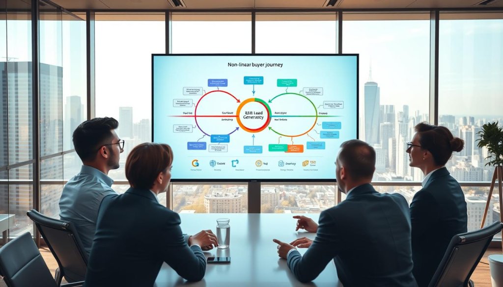 A professional business meeting is taking place in a modern office conference room, illustrating the concept of B2B lead generation. In the foreground, a diverse group of three professionals, two men and one woman, are engaged in a focused discussion, dressed in smart business attire. The middle layer features a large digital screen displaying a colorful, intricate flowchart mapping out the non-linear buyer journey, with various stages highlighted. In the background, large windows offer a view of a bustling city skyline, bathed in soft morning light, creating a bright and optimistic atmosphere. The angle is slightly elevated, providing an overview of the meeting while emphasizing collaboration and strategy within the B2B environment. The overall mood is professional and dynamic, reflecting innovation in lead generation strategies. A professional business meeting is taking place in a modern office conference room, illustrating the concept of B2B lead generation. In the foreground, a diverse group of three professionals, two men and one woman, are engaged in a focused discussion, dressed in smart business attire. The middle layer features a large digital screen displaying a colorful, intricate flowchart mapping out the non-linear buyer journey, with various stages highlighted. In the background, large windows offer a view of a bustling city skyline, bathed in soft morning light, creating a bright and optimistic atmosphere. The angle is slightly elevated, providing an overview of the meeting while emphasizing collaboration and strategy within the B2B environment. The overall mood is professional and dynamic, reflecting innovation in lead generation strategies.