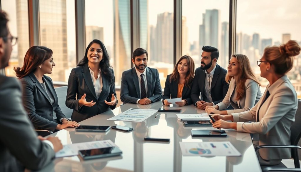A professional business meeting scene depicting a diverse group of businesspeople engaged in a productive sales conversation. In the foreground, a confident and approachable South Asian woman in a tailored suit is animatedly presenting a growth strategy to a group of attentive colleagues, all dressed in smart business attire, with a mix of genders and ethnic backgrounds. In the middle ground, a sleek, modern conference table is adorned with digital gadgets and market analysis reports. The background features large windows showcasing a vibrant city skyline, with warm natural light filtering in, creating a positive and energizing atmosphere. The lens is set to a moderate wide-angle to capture the dynamic interaction and professional environment, evoking feelings of collaboration and strategic growth. A professional business meeting scene depicting a diverse group of businesspeople engaged in a productive sales conversation. In the foreground, a confident and approachable South Asian woman in a tailored suit is animatedly presenting a growth strategy to a group of attentive colleagues, all dressed in smart business attire, with a mix of genders and ethnic backgrounds. In the middle ground, a sleek, modern conference table is adorned with digital gadgets and market analysis reports. The background features large windows showcasing a vibrant city skyline, with warm natural light filtering in, creating a positive and energizing atmosphere. The lens is set to a moderate wide-angle to capture the dynamic interaction and professional environment, evoking feelings of collaboration and strategic growth.