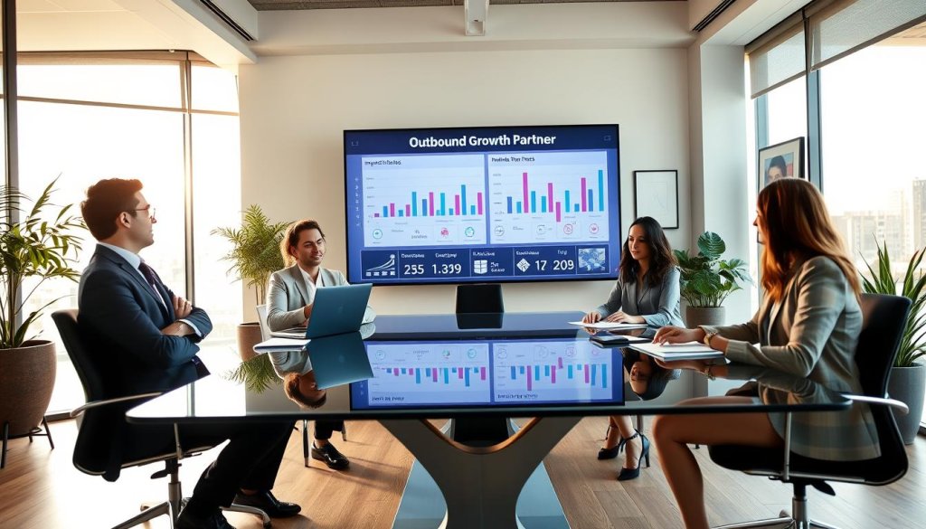 A professional business meeting scene depicting an outbound growth partner in a modern conference room. In the foreground, a diverse group of four business professionals, two men and two women, are engaged in discussion, dressed in tailored suits and smart casual attire. They are gathered around a sleek glass table with laptops and documents. The middle ground includes a large presentation screen displaying impactful data visuals related to market expansion. In the background, large windows let in natural light, creating a bright and inspiring atmosphere. The room's contemporary decor features potted plants and minimalistic art, enhancing the professional mood. The shot is captured with a slight low-angle perspective, emphasizing the collaboration and energy of the meeting, bathed in warm, soft lighting. A professional business meeting scene depicting an outbound growth partner in a modern conference room. In the foreground, a diverse group of four business professionals, two men and two women, are engaged in discussion, dressed in tailored suits and smart casual attire. They are gathered around a sleek glass table with laptops and documents. The middle ground includes a large presentation screen displaying impactful data visuals related to market expansion. In the background, large windows let in natural light, creating a bright and inspiring atmosphere. The room's contemporary decor features potted plants and minimalistic art, enhancing the professional mood. The shot is captured with a slight low-angle perspective, emphasizing the collaboration and energy of the meeting, bathed in warm, soft lighting.