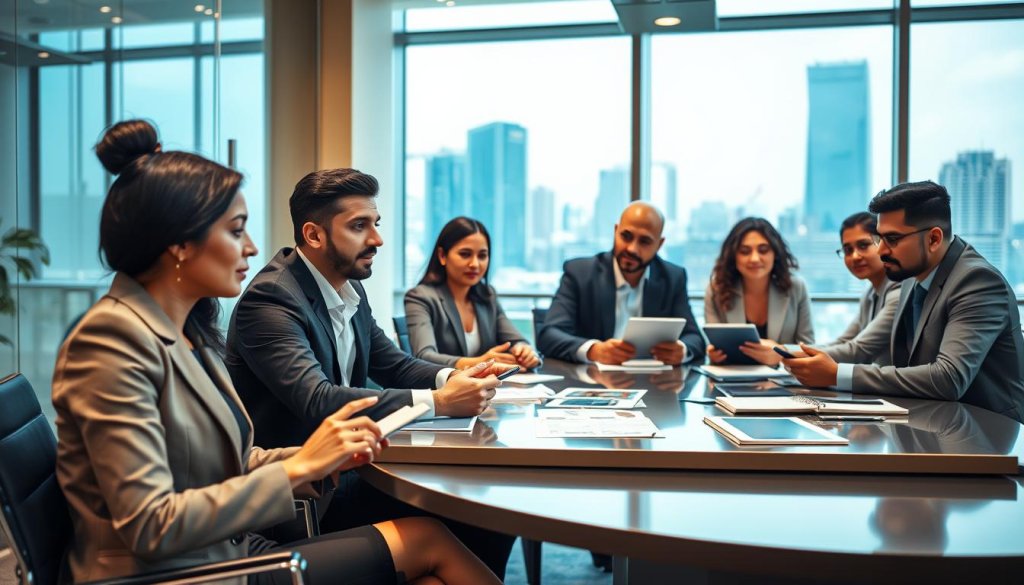 A professional business meeting scene depicting diverse individuals engaged in qualified commercial conversations. In the foreground, a South Asian woman in stylish business attire, sitting at a conference table, attentively listening and taking notes. Next to her, a Middle-Eastern man in a tailored suit sharing insights, emphasizing a point with a hand gesture. In the middle ground, a diverse group of professionals from various ethnic backgrounds discussing strategies, with documents and digital tablets scattered on the table. The background features a modern office environment with large windows showcasing a cityscape, allowing natural light to flood the room, creating a vibrant yet focused atmosphere. The mood is collaborative and dynamic, radiating professionalism and determination. Use a wide-angle lens to capture the breadth of the scene, ensuring clarity and engagement in facial expressions.