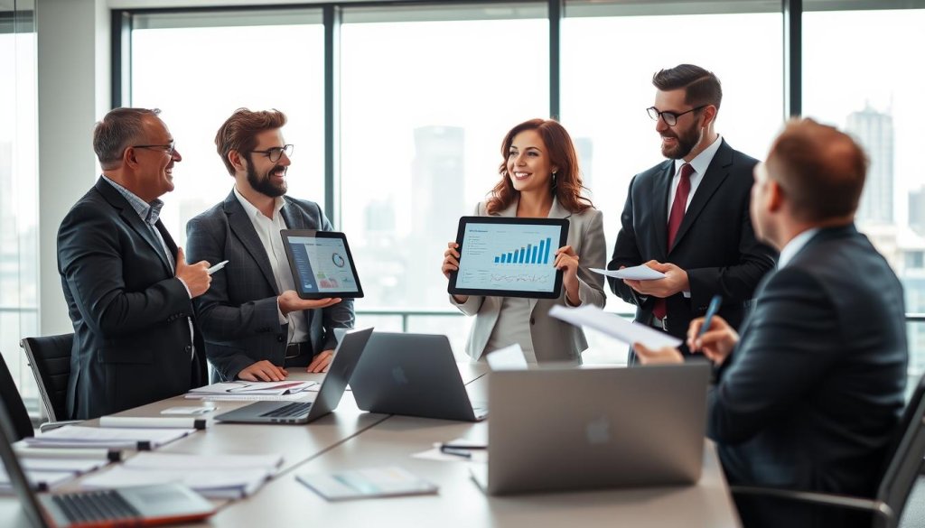 A professional business meeting scene depicting qualified sales conversations. In the foreground, a diverse group of three business professionals, two men and one woman, engaged in animated discussion. The woman, wearing a smart blazer, presents a digital tablet displaying sales data, while the men, dressed in suits, listen intently, taking notes on notepads. In the middle ground, a modern conference table with laptops and documents scattered, symbolizing collaboration and strategic planning. The background features a large window with natural light flooding the room, revealing a city skyline. The atmosphere is focused and ambitious, with a hint of positivity, reflecting the shift in strategies for high-ACV teams. The image should have soft lighting, captured with a slightly shallow depth of field to emphasize the discussion without distractions.