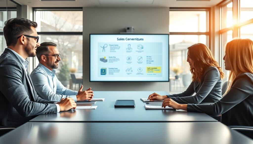 A professional business meeting scene illustrating the concept of structuring sales conversations for success. In the foreground, a diverse group of four individuals—two men and two women—are engaged in a dynamic discussion at a sleek conference table. Each person is dressed in smart business attire and exhibits active listening with expressive gestures. In the middle, a digital presentation is visible on a large screen behind them, showcasing key points and diagrams about effective sales techniques. The background features a modern office with large windows allowing natural light to pour in, casting a warm glow on the scene. The atmosphere is focused and collaborative, evoking a sense of purpose and professionalism, with a slight depth of field to emphasize the conversation.