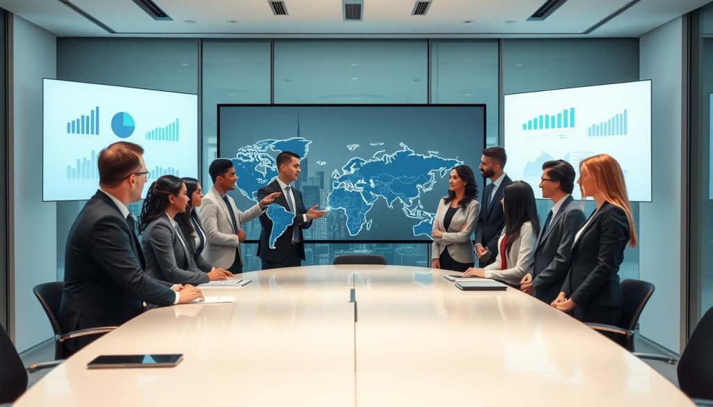 A professional business meeting scene set in a modern conference room. In the foreground, a diverse group of business professionals, dressed in business attire, are engaged in a discussion around a sleek, oval table. One individual is pointing at a large, interactive digital map displaying various global markets, symbolizing outbound growth strategies. In the middle ground, a large window reveals a city skyline, indicating an international setting. The lighting is bright and focused, creating an energetic yet serious atmosphere. In the background, there are subtle elements like charts and graphs projected on screens, underscoring the theme of leveraging new technologies. The overall mood is collaborative and innovative, celebrating the potential of global expansion.