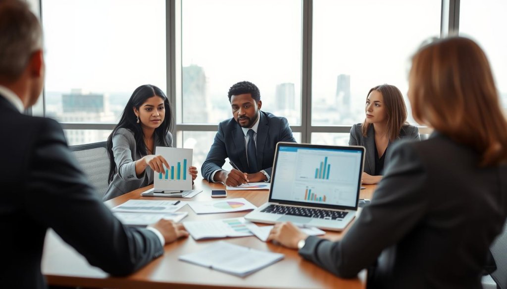 A professional business meeting scene set in a modern office environment, focusing on a diverse group of three individuals: a South Asian woman, a Black man, and a Caucasian woman, all dressed in smart business attire. They are gathered around a large conference table covered with paperwork, charts, and a laptop displaying market analysis. In the foreground, the woman is pointing at a chart, while the man is taking notes, and the third person is engaged, looking thoughtfully at the data. Soft natural lighting filters through large windows in the background, revealing a cityscape. The atmosphere feels collaborative and focused, emphasizing a strategic discussion on identifying ideal wholesale export buyers. Shot from a slightly elevated angle with a shallow depth of field to highlight the participants' expressions and the professional setting. A professional business meeting scene set in a modern office environment, focusing on a diverse group of three individuals: a South Asian woman, a Black man, and a Caucasian woman, all dressed in smart business attire. They are gathered around a large conference table covered with paperwork, charts, and a laptop displaying market analysis. In the foreground, the woman is pointing at a chart, while the man is taking notes, and the third person is engaged, looking thoughtfully at the data. Soft natural lighting filters through large windows in the background, revealing a cityscape. The atmosphere feels collaborative and focused, emphasizing a strategic discussion on identifying ideal wholesale export buyers. Shot from a slightly elevated angle with a shallow depth of field to highlight the participants' expressions and the professional setting.