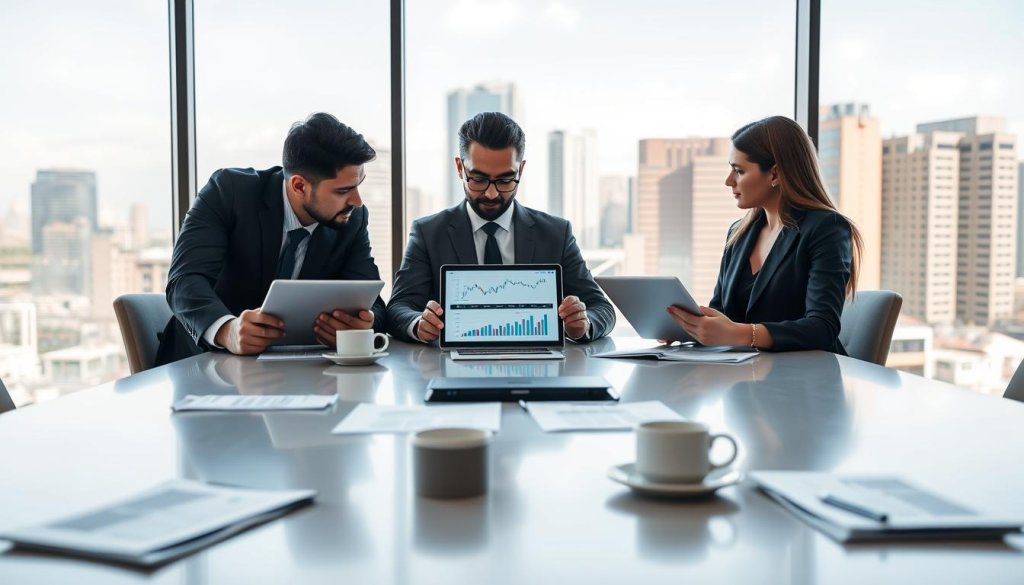 A professional business meeting scene set in a modern office, featuring a diverse group of three business professionals, two men and one woman, engaged in a discussion around a large conference table. They are in formal business attire, reviewing trade data on digital tablets and laptops, with graphs and statistics displayed prominently on their screens. In the background, large windows reveal a vibrant city skyline, inviting natural light into the room, creating an atmosphere of collaboration and innovation. The foreground showcases a sleek, polished conference table with documents and coffee cups, emphasizing a productive working environment. The mood is focused and ambitious, underscoring the importance of precision targeting in trade discussions. The angle captures both the professionals and the technologically advanced workspace. A professional business meeting scene set in a modern office, featuring a diverse group of three business professionals, two men and one woman, engaged in a discussion around a large conference table. They are in formal business attire, reviewing trade data on digital tablets and laptops, with graphs and statistics displayed prominently on their screens. In the background, large windows reveal a vibrant city skyline, inviting natural light into the room, creating an atmosphere of collaboration and innovation. The foreground showcases a sleek, polished conference table with documents and coffee cups, emphasizing a productive working environment. The mood is focused and ambitious, underscoring the importance of precision targeting in trade discussions. The angle captures both the professionals and the technologically advanced workspace.