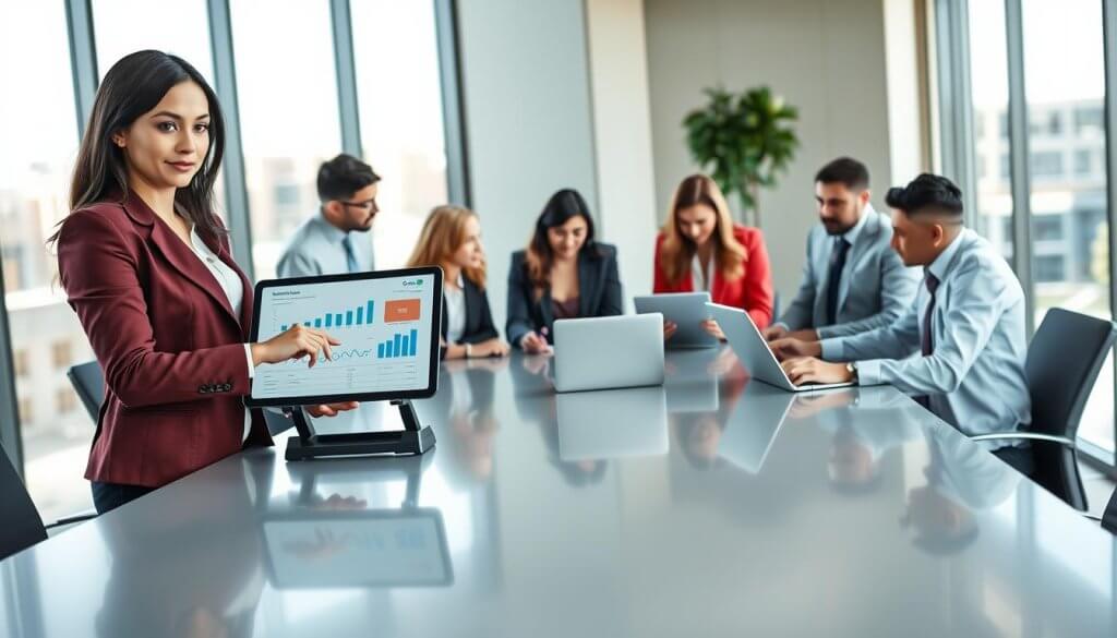 A professional business meeting scene, showcasing a diverse group of lean GTM (Go-To-Market) team members gathered around a sleek conference table, engaged in strategic discussions. In the foreground, a confident woman in a smart blazer points to a digital tablet displaying analytics, symbolizing how Gasimo supports their efforts. The middle ground features team members of varied backgrounds, dressed in professional attire, exchanging ideas and analyzing data on laptops. The background shows a modern office space with large windows, allowing natural light to illuminate the setting, creating a productive and optimistic atmosphere. The angle of view captures the team’s collaboration and engagement, highlighting their focus and determination in reaching relevant operations buyers.