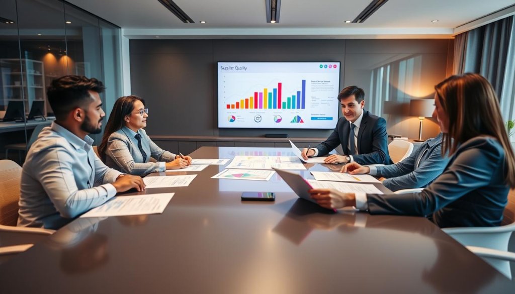 A professional business meeting setting focused on supplier quality assessment. In the foreground, a diverse group of four professionals, two men and two women, are seated around a sleek conference table covered with charts and documents assessing supplier qualifications. They are dressed in smart business attire, engaged in discussion and reviewing documents. In the middle ground, a large screen displays colorful graphs and quality metrics, symbolizing the evaluation process. The background features modern office decor with soft, ambient lighting that creates a warm, collaborative atmosphere. A lens focus highlights the interaction among the team members, suggesting teamwork and diligence in achieving supplier quality standards.