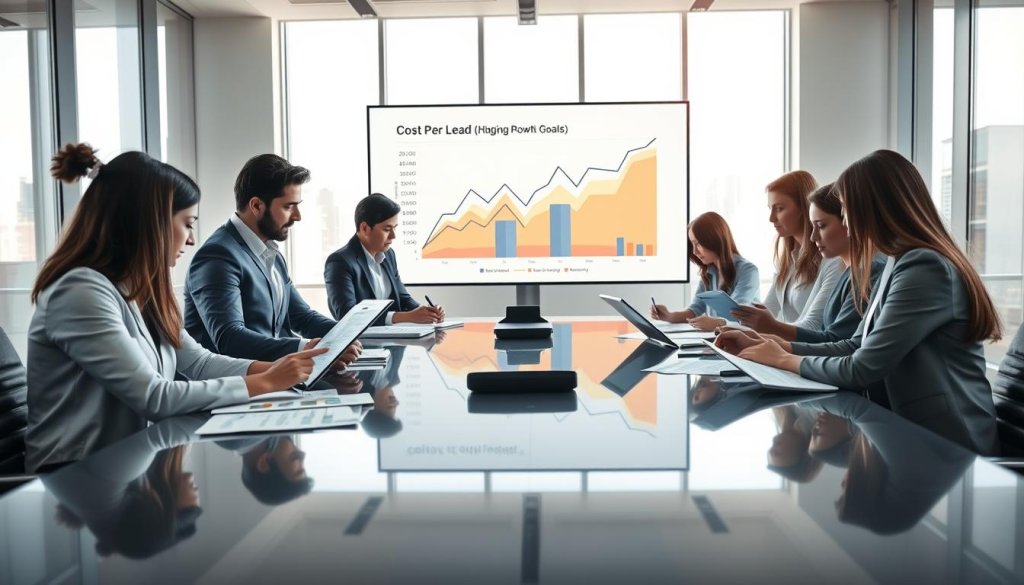 A professional business scene illustrating the concept of "cost per lead" in a B2B context. In the foreground, a diverse group of business professionals is gathered around a sleek, modern conference table, examining detailed reports and charts on digital tablets. In the middle ground, a large screen displays a colorful, dynamic graph illustrating cost per lead metrics and high-ACV growth goals. The background features a bright, contemporary office with large windows letting in natural light, casting soft shadows. The overall atmosphere conveys a sense of collaboration and strategic planning, emphasizing the importance of aligning budgets with growth objectives. Use a wide-angle lens to capture the depth of the meeting room, highlighting the focus and engagement of the professionals.