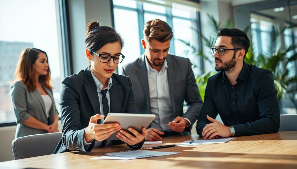A professional business setting depicting a diverse group of businesspeople brainstorming around a modern conference table. In the foreground, a focused individual in smart business attire is analyzing data on a digital tablet, their expression illustrating determination and insight. In the middle ground, two colleagues, one a woman wearing a blazer and the other a man in a button-up shirt, are engaging in discussion, highlighting the exchange of ideas. In the background, large windows allow natural light to flood the space, casting soft shadows and creating an optimistic atmosphere. Office plants add a touch of greenery, enhancing a sense of productivity and collaboration. The scene conveys a mood of urgency and innovation, reflecting the quest to identify key buying triggers effectively.